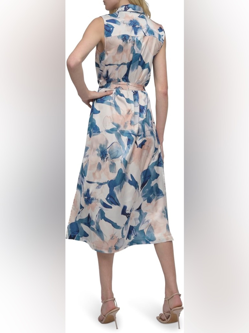 NWT DKNY Sleeveless Collared Button Front Midi Shirtdress Dress In Spring Navy - Picture 2 of 6